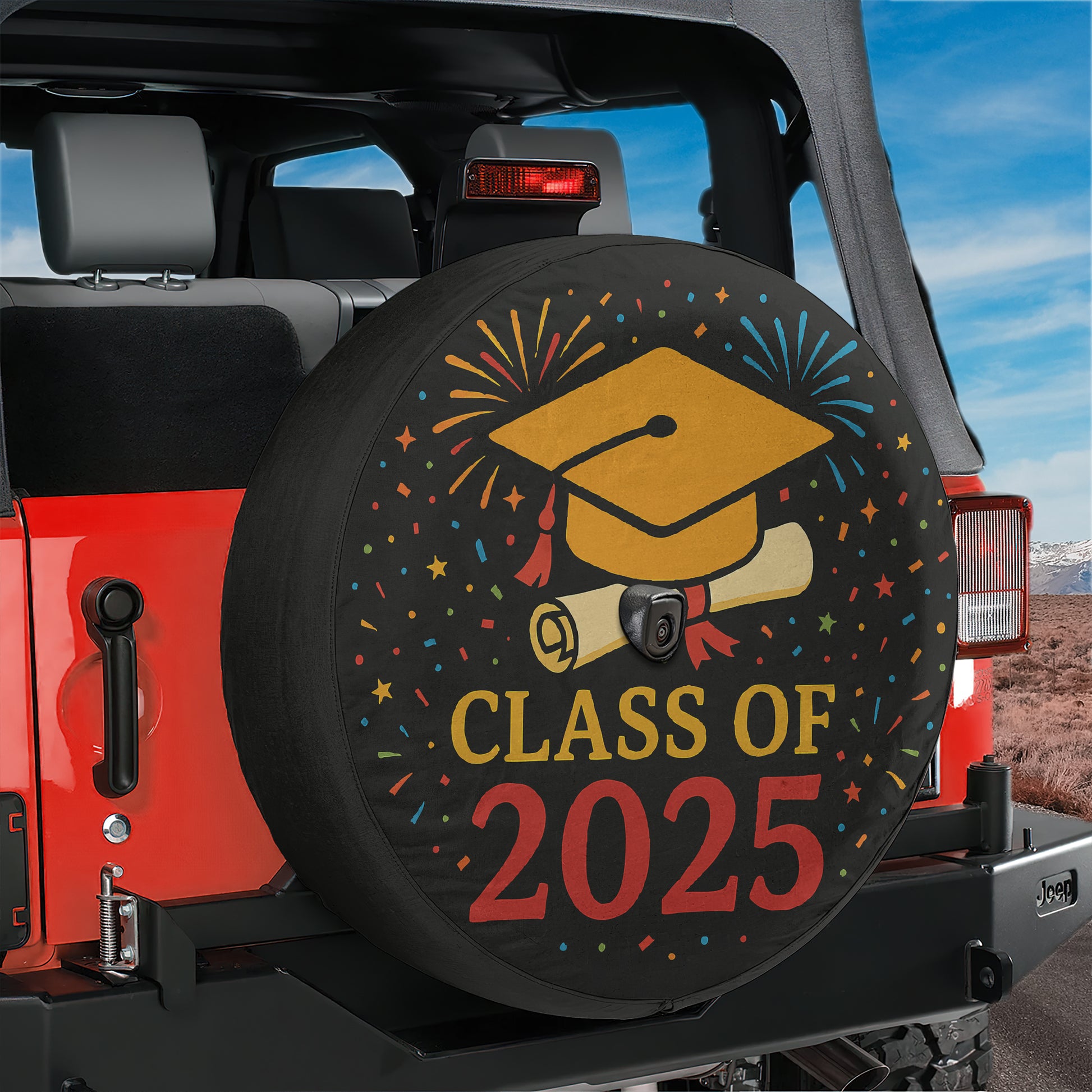 A red Jeep with a tire cover that says "CLASS OF 2025" and features a graduation cap and fireworks.