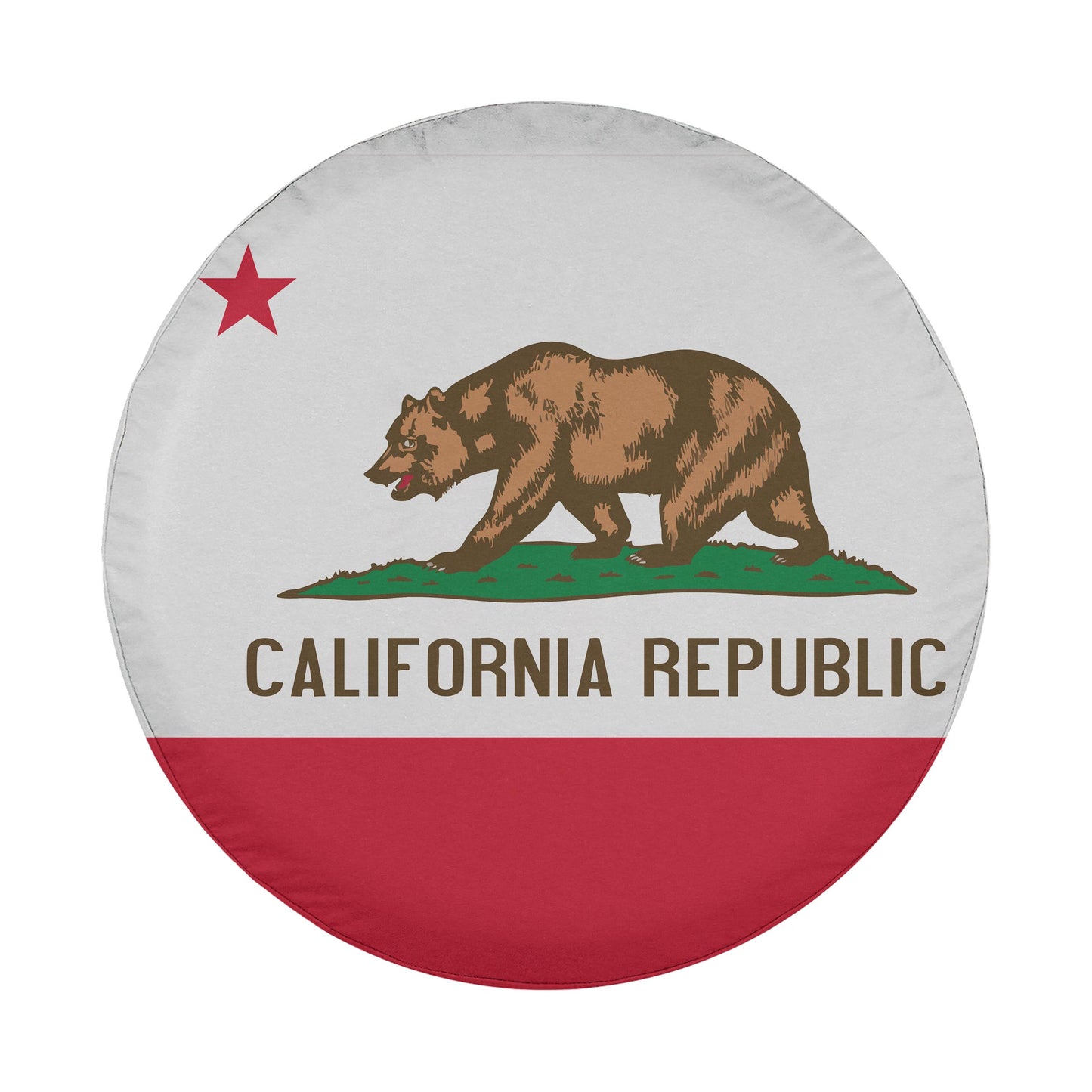 a round sticker or decal with the California state flag and a brown bear.