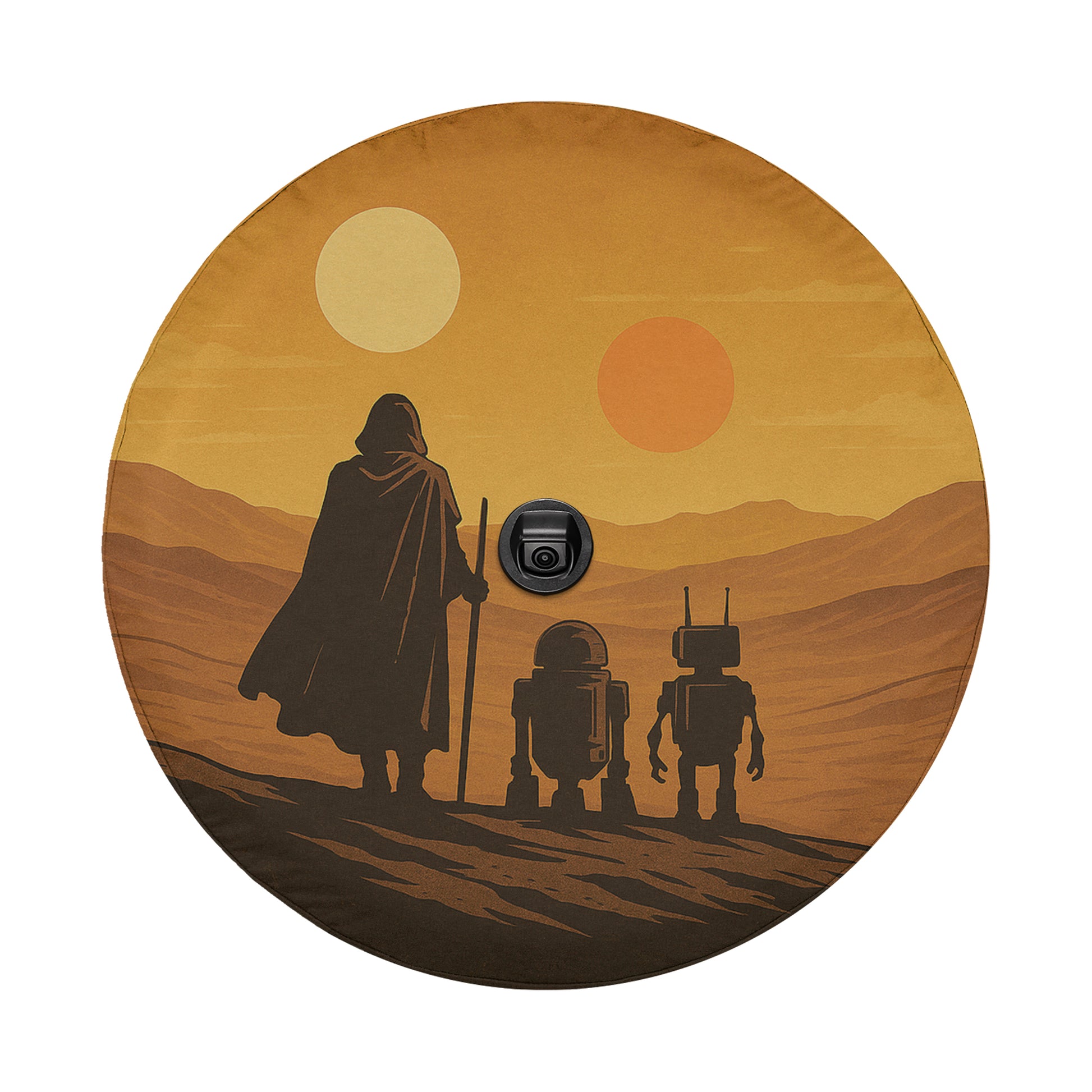 A circular design featuring silhouettes of a person holding a staff and two small robots against a desert landscape with two large suns in the sky.