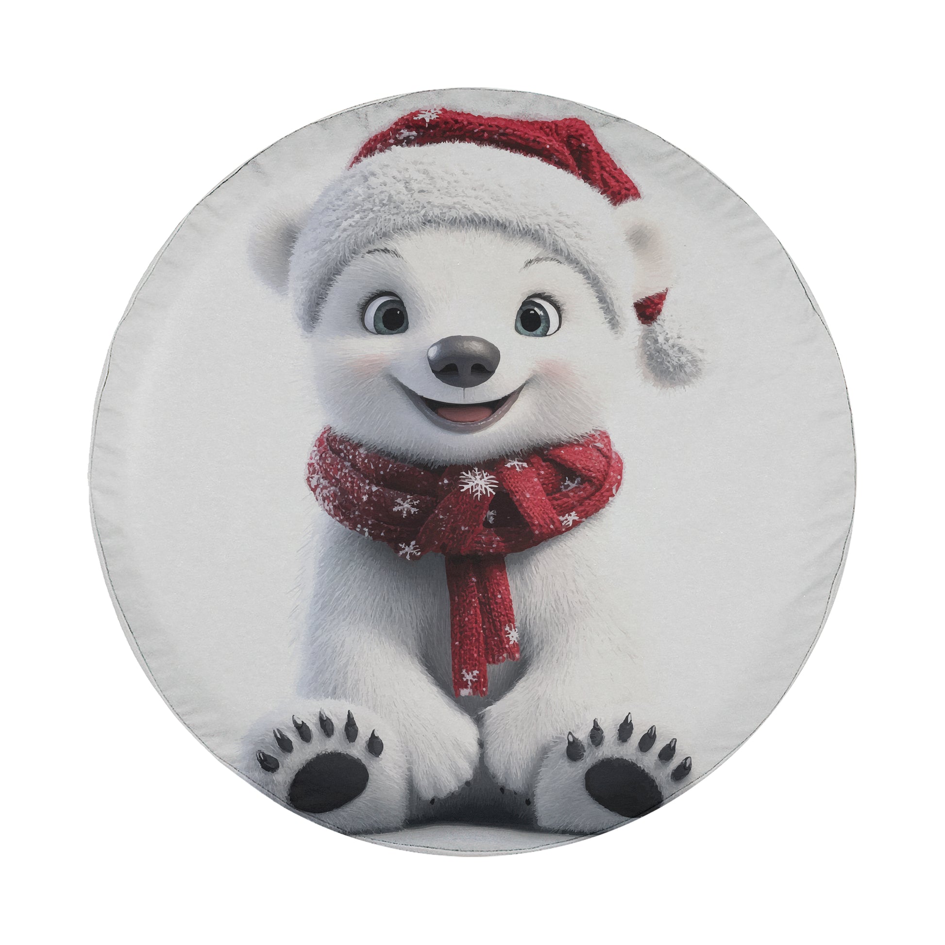 A cute polar bear wearing a red Santa hat and scarf, sitting on its hind legs and smiling.