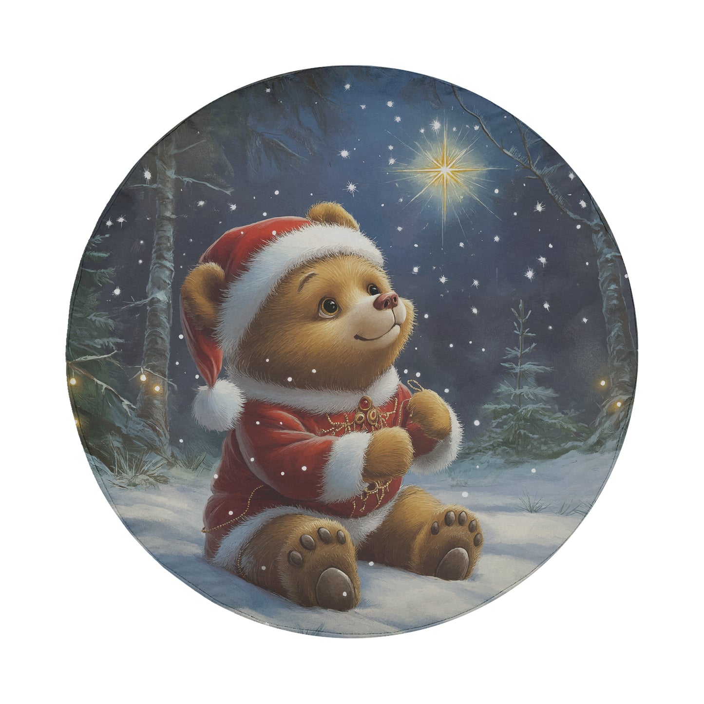 A teddy bear dressed in a Santa Claus outfit is sitting in the snow, gazing up at a star in the night sky.