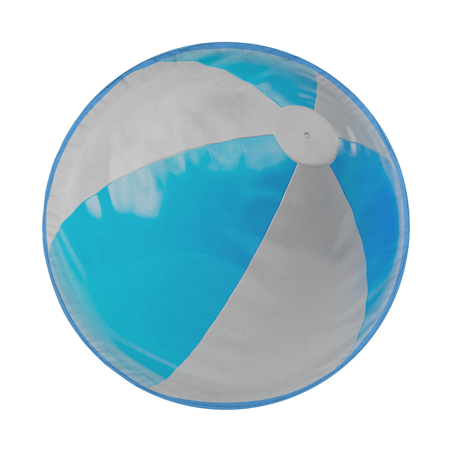 A blue and white beach ball is shown against a white background.