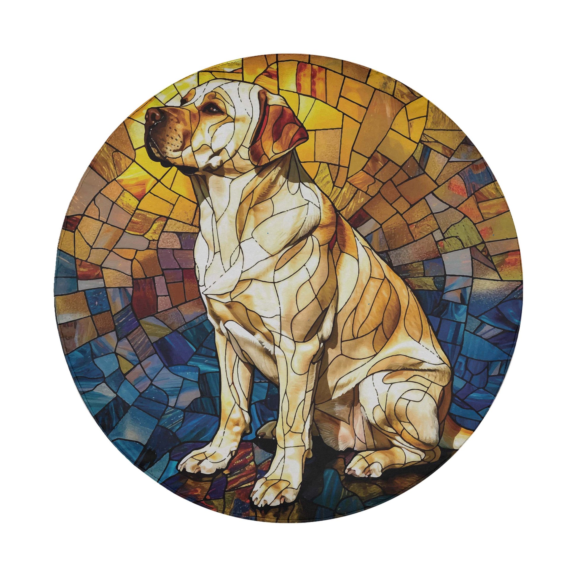 A stained glass image of a dog, with a colorful mosaic background.