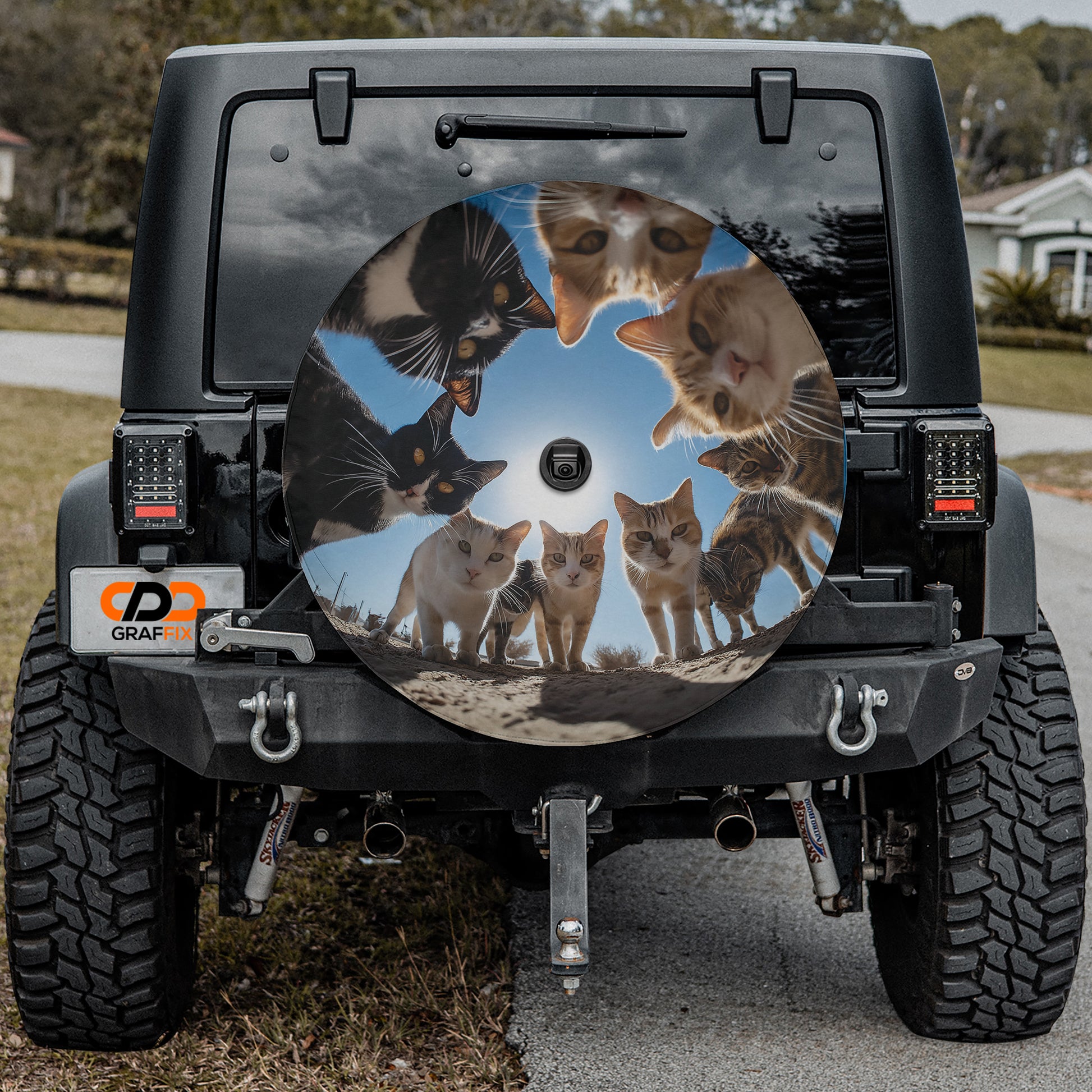 a black Jeep Wrangler with a large rear window decal featuring a group of cats.