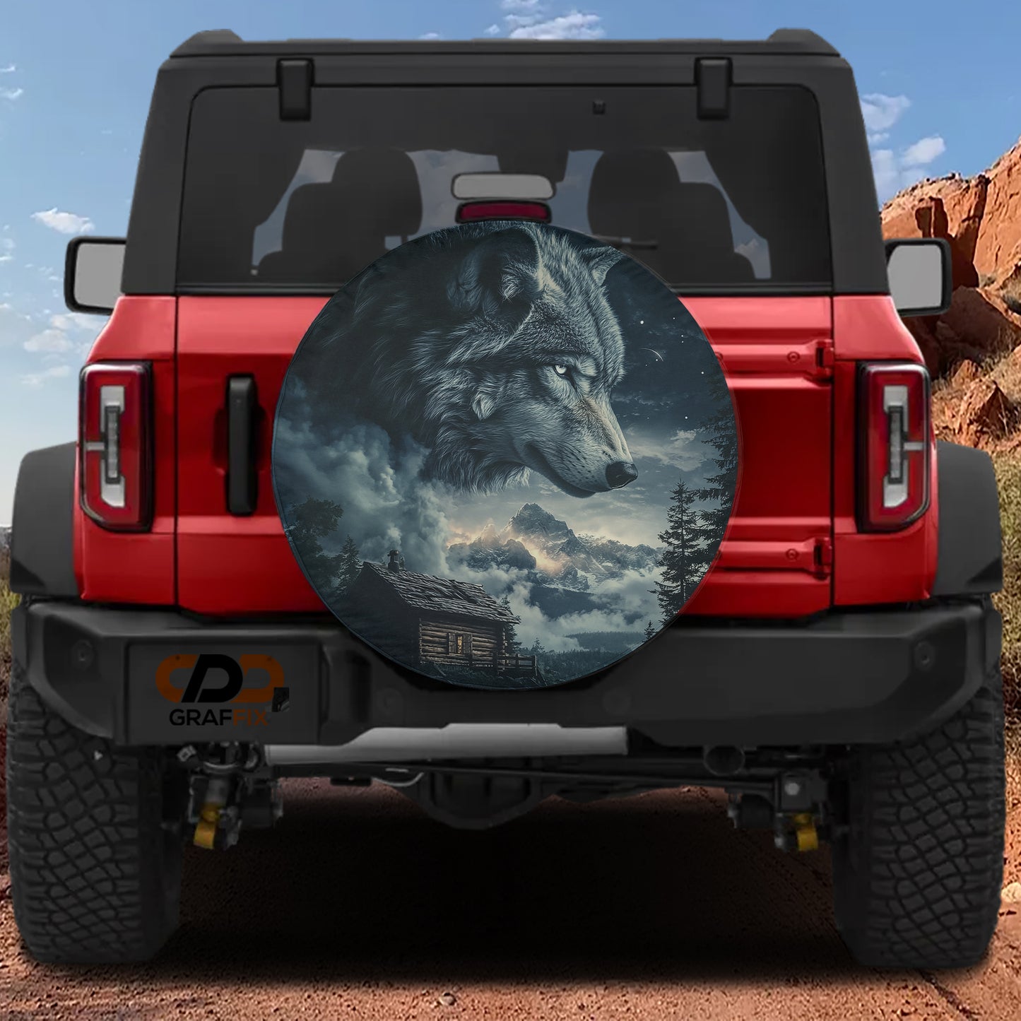 a red Jeep Wrangler with a large, detailed graphic of a wolf on the rear window.
