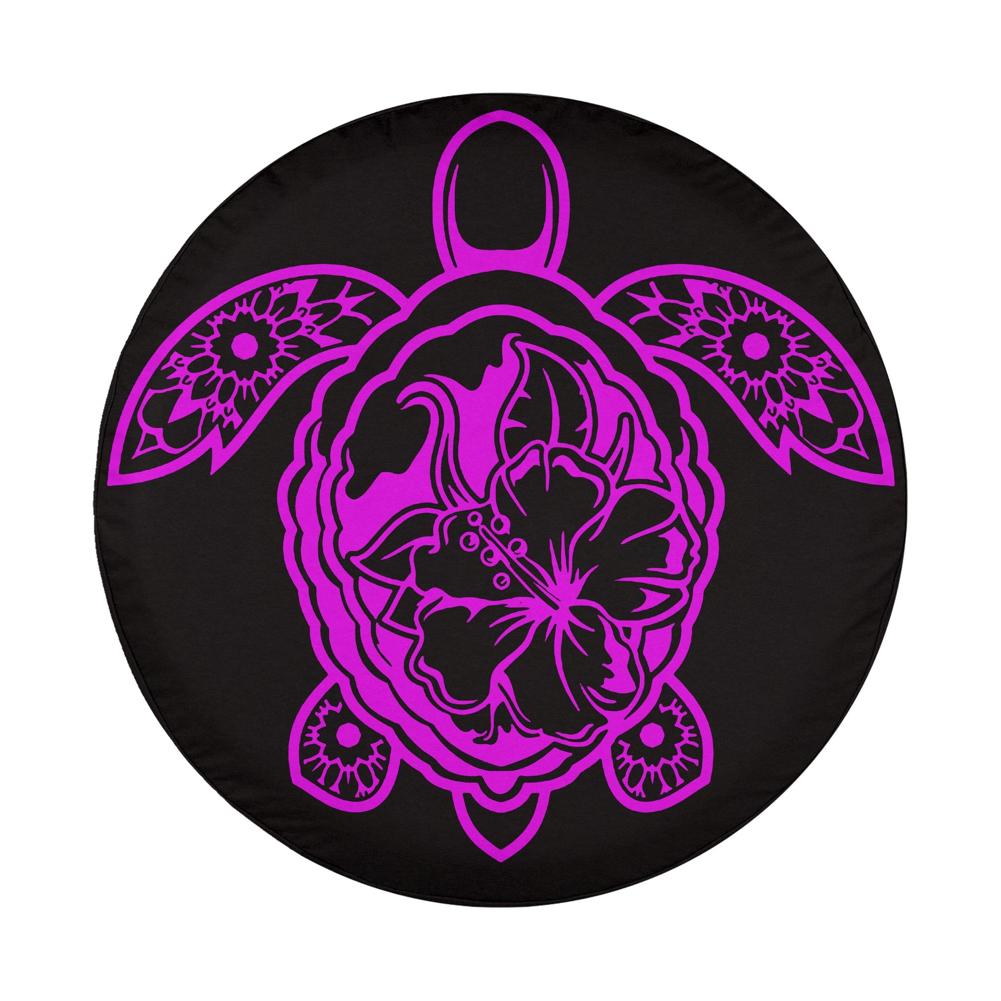 A black and purple circular design featuring a stylized turtle with a flower on its shell.