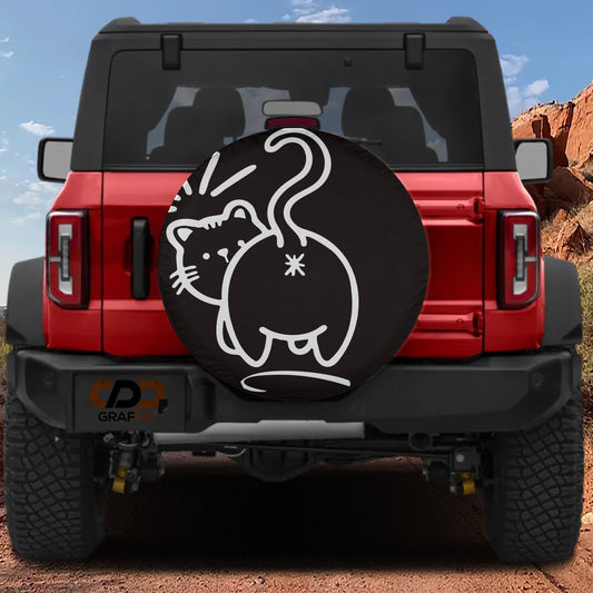 the rear of a red Jeep Wrangler with a black tire cover featuring a cartoon cat design.