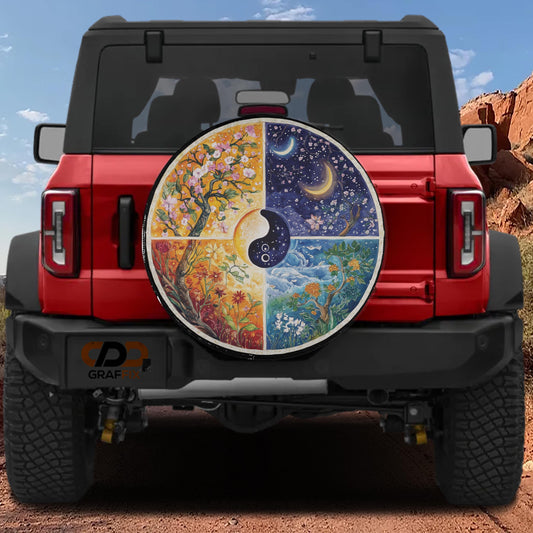 a red Jeep Wrangler with a large, colorful wheel cover depicting the four seasons.