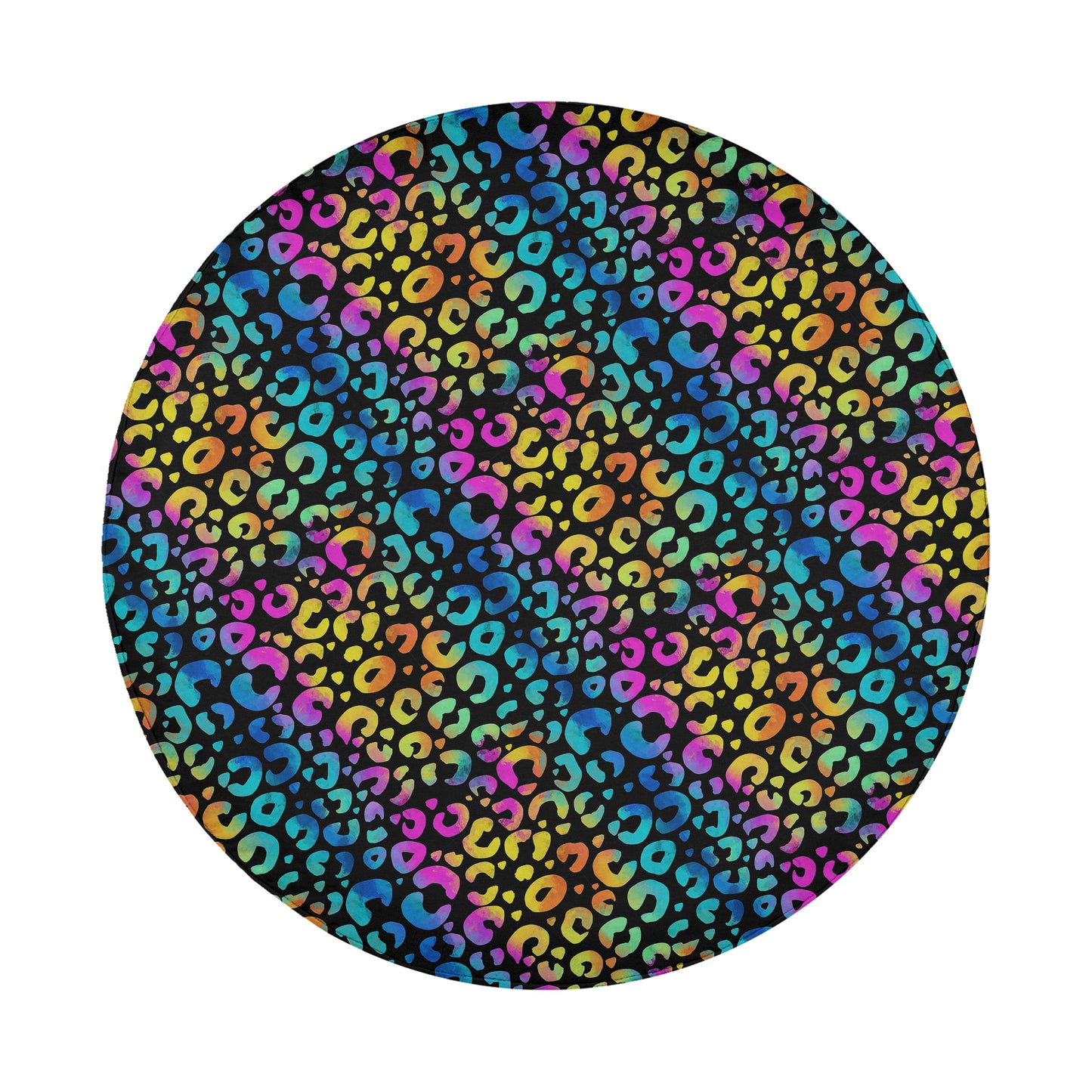 a circular pattern with a vibrant mix of multicolored shapes and designs, including various shades of blue, green, yellow, pink, and orange.