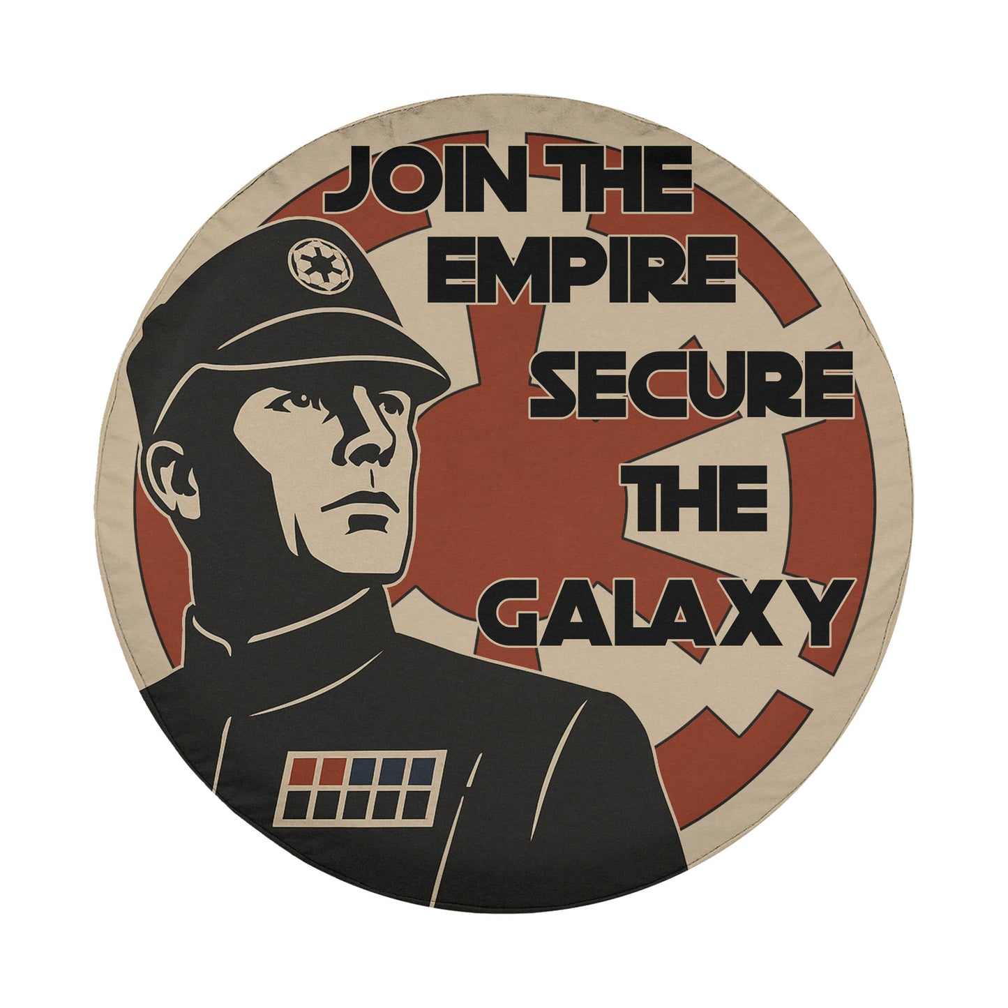 A circular image featuring a man in a military uniform, with the text "JOIN THE EMPIRE SECURE THE GALAXY" prominently displayed.