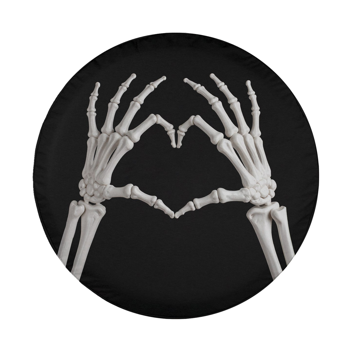A pair of white skeletal hands forming a heart shape against a black background.