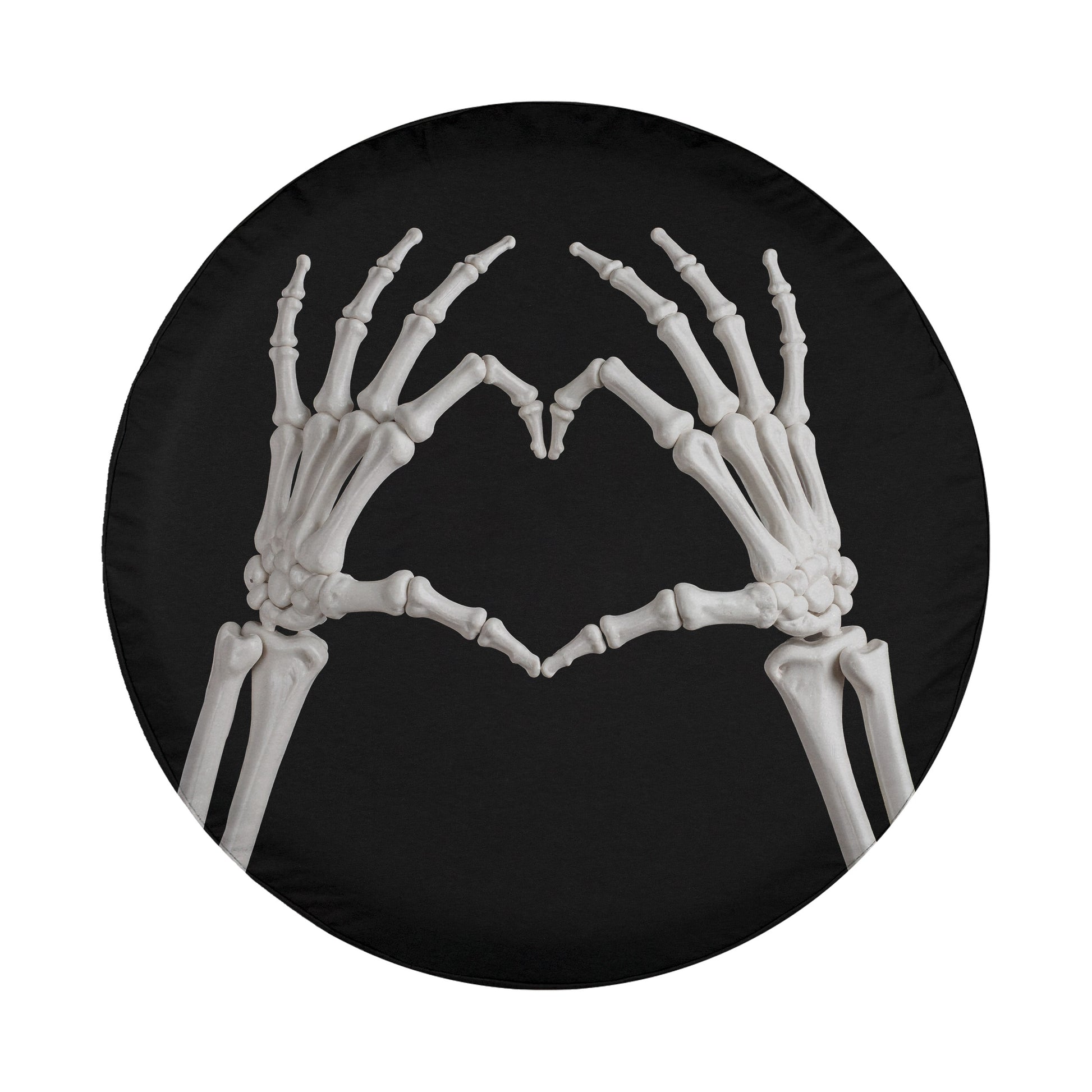A pair of white skeletal hands forming a heart shape against a black background.