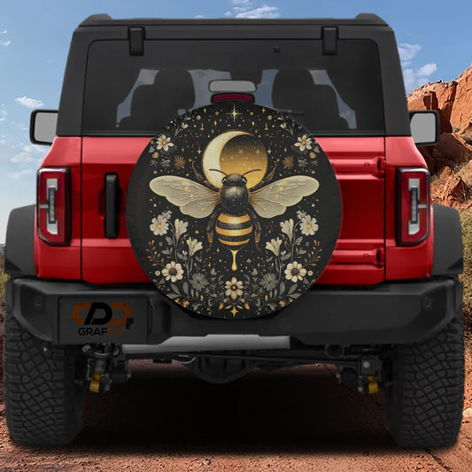 a red Jeep Wrangler with a large, decorative wheel cover featuring a bee and flowers.