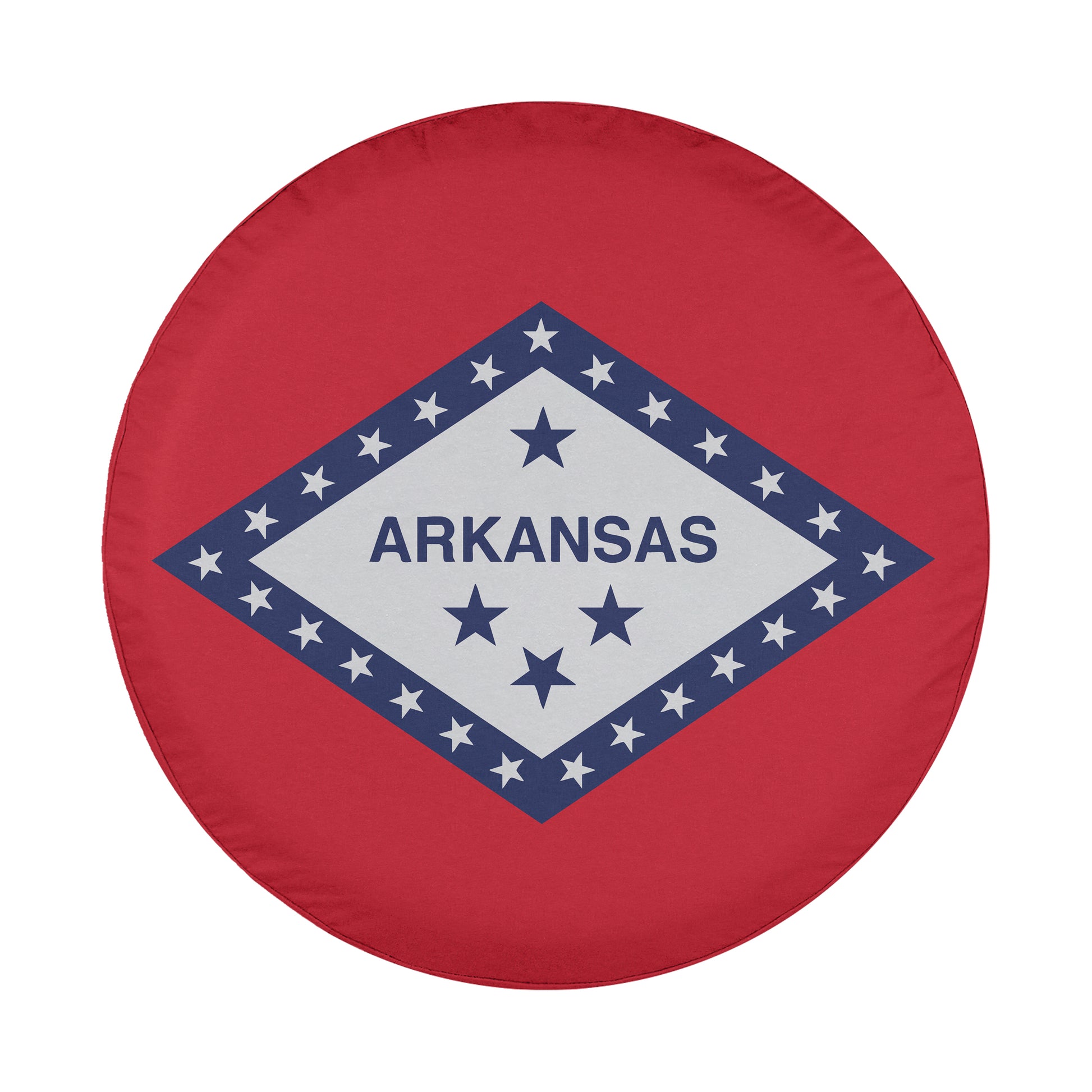A red wheel cover with the text "ARKANSAS" and a flag design featuring stars and stripes.