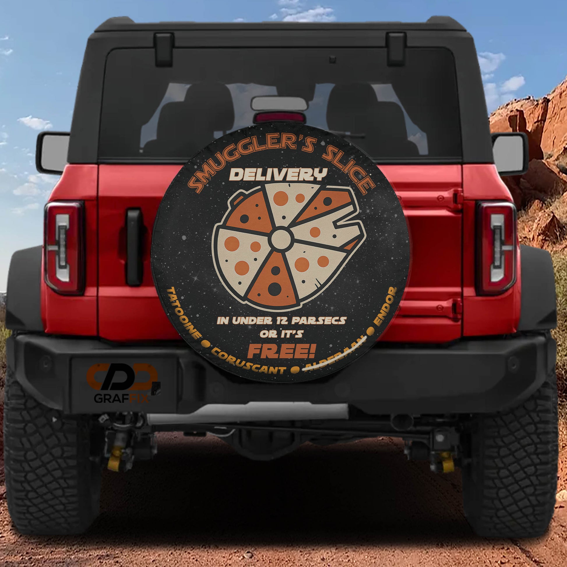 a red Jeep Wrangler with a large tire cover that has a pizza slice design and text on it.