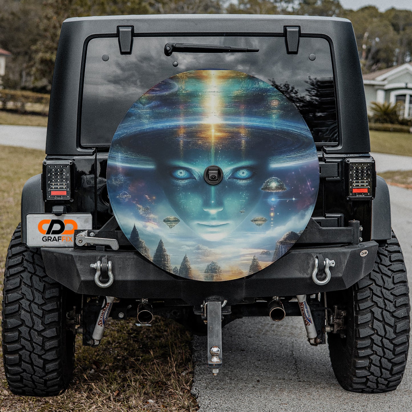 a jeep with a picture of a face on the front