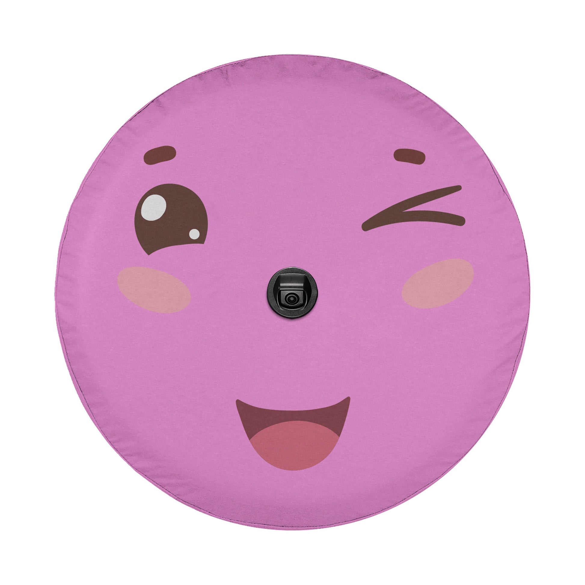 A round, pink object with a smiling face and a black camera attached to it.