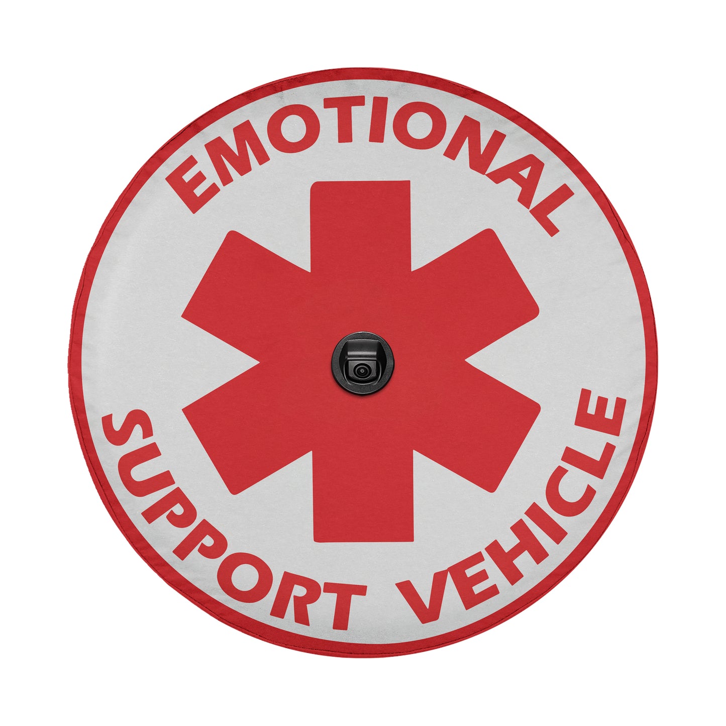 a red and white emergency sign on a white background