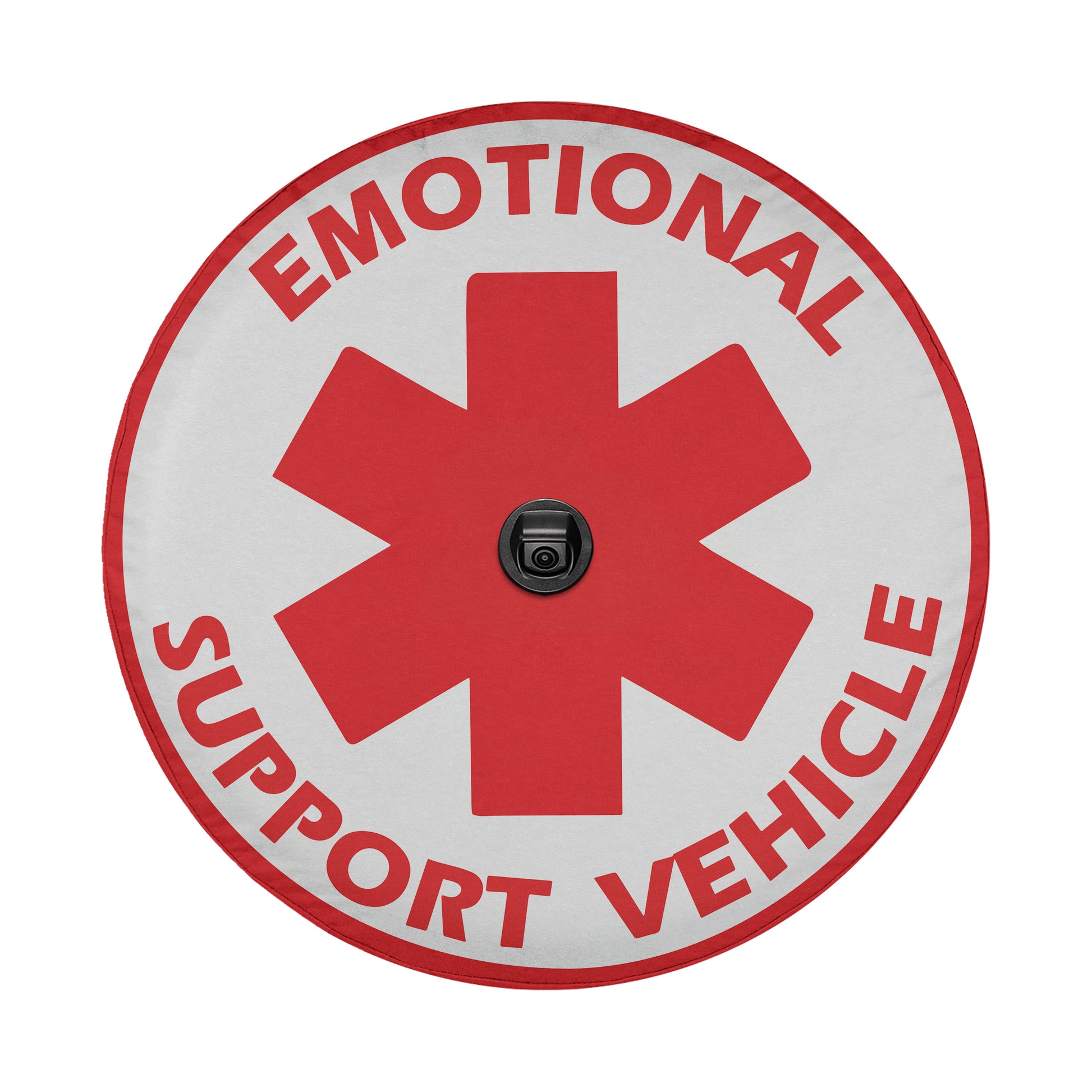 a red and white emergency sign on a white background