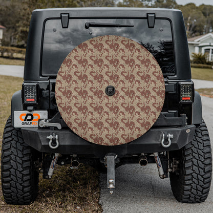 a jeep with a large tire cover on the back of it