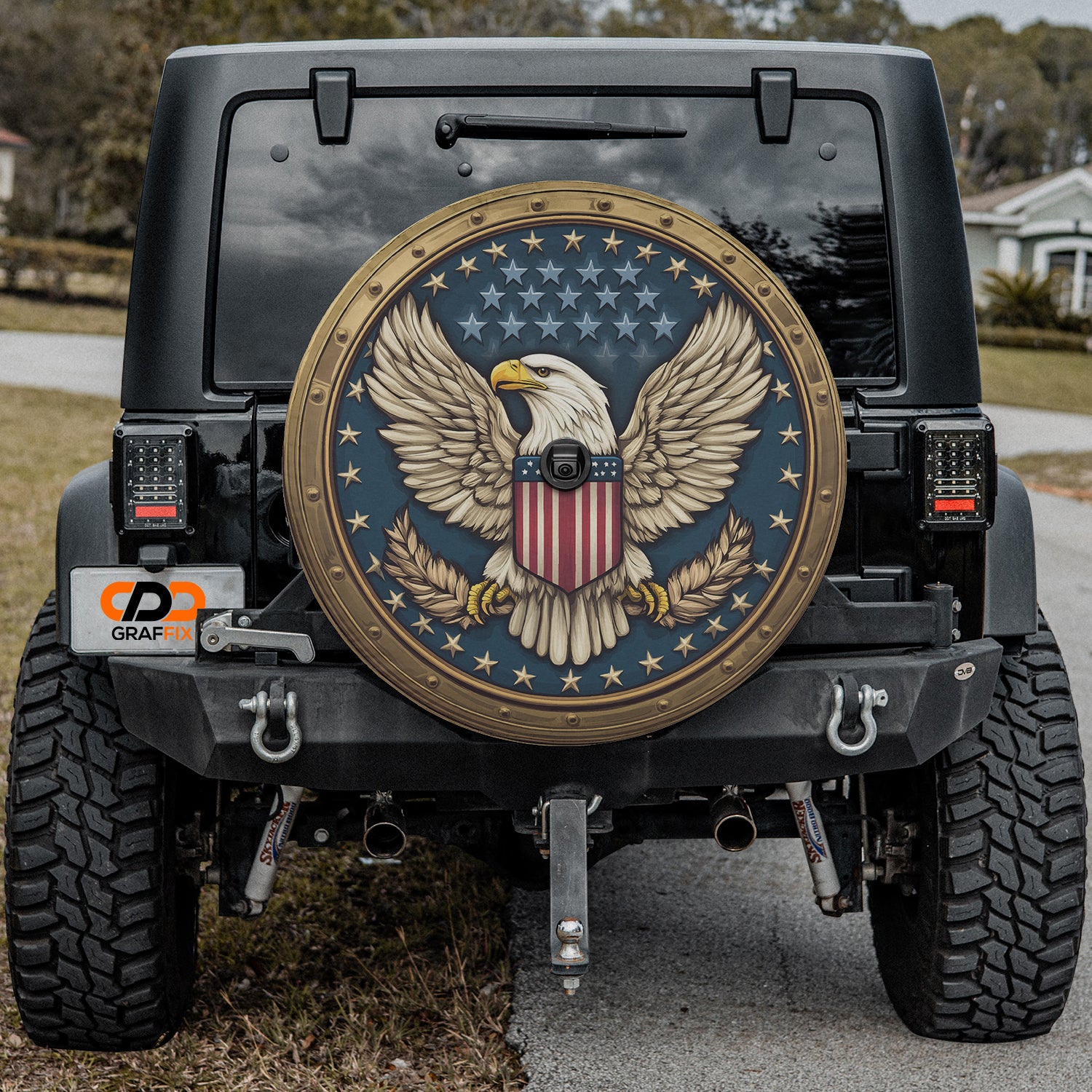 a jeep with an eagle emblem painted on it