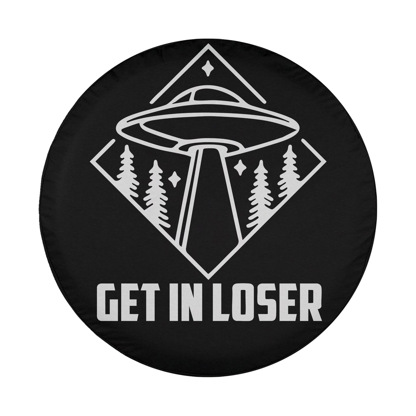 A black and white image of an alien spacecraft hovering over a forest with trees and stars in the background. The text below the image says "GET IN LOSER".