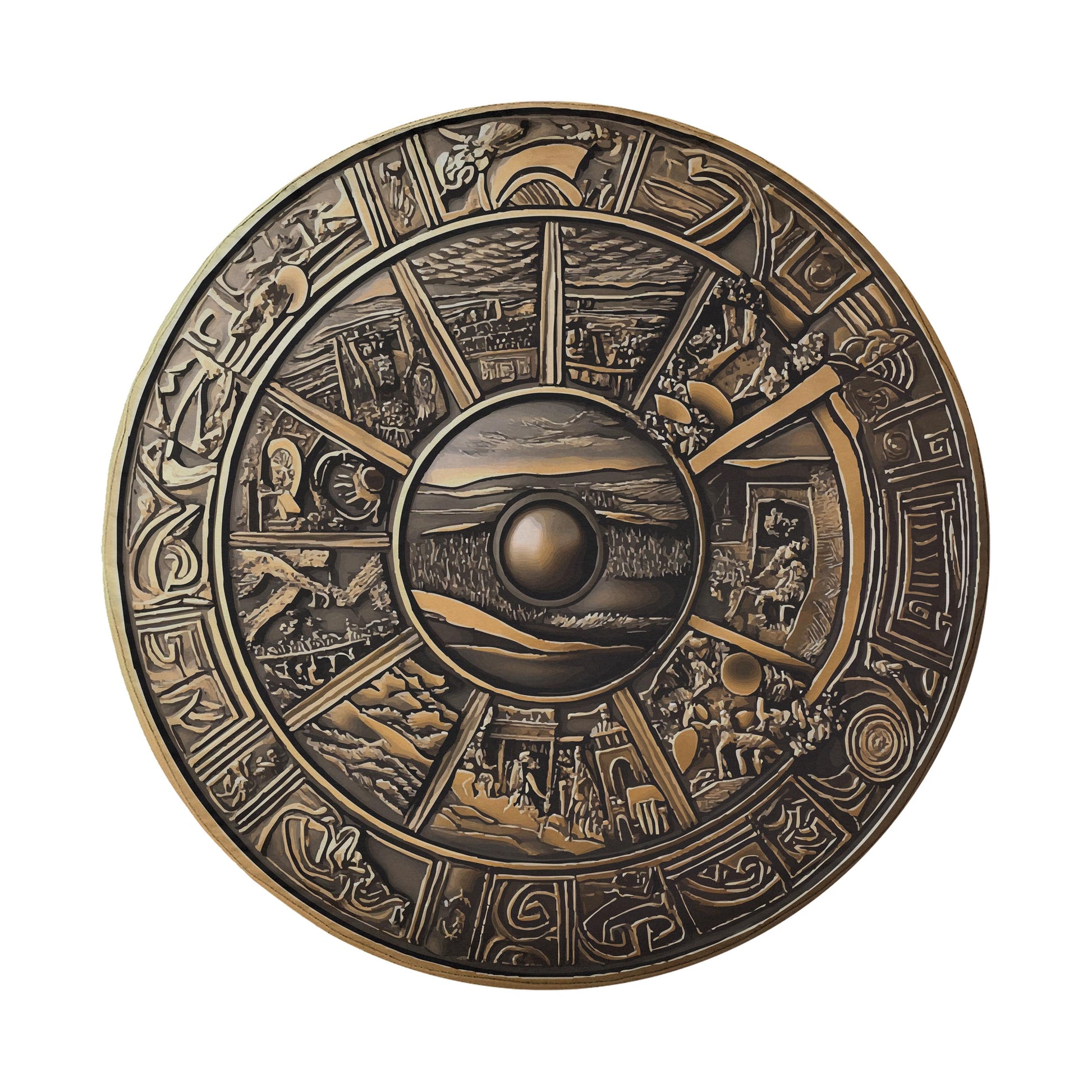 The image is a detailed, intricate metal shield with various symbols and designs, including a central circular emblem surrounded by a border of smaller images.