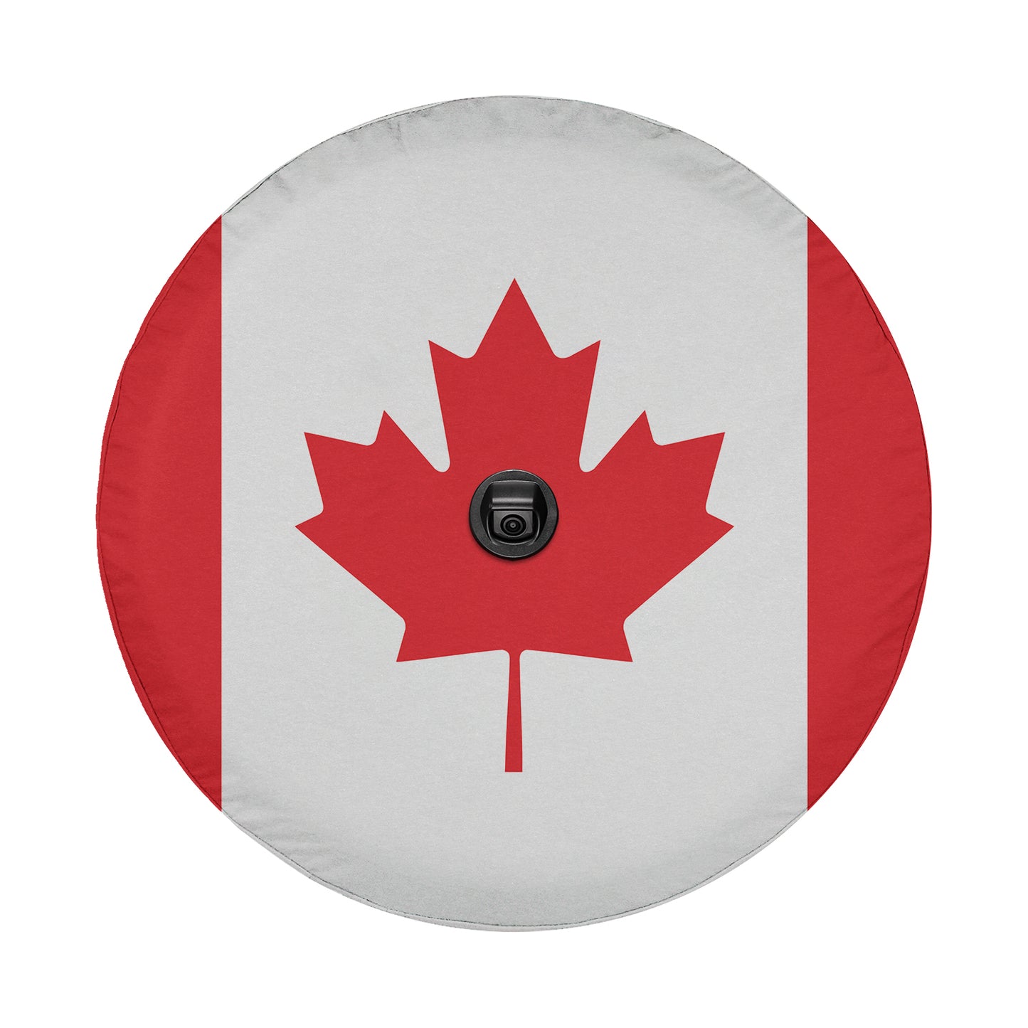 a canadian flag with a black button on it