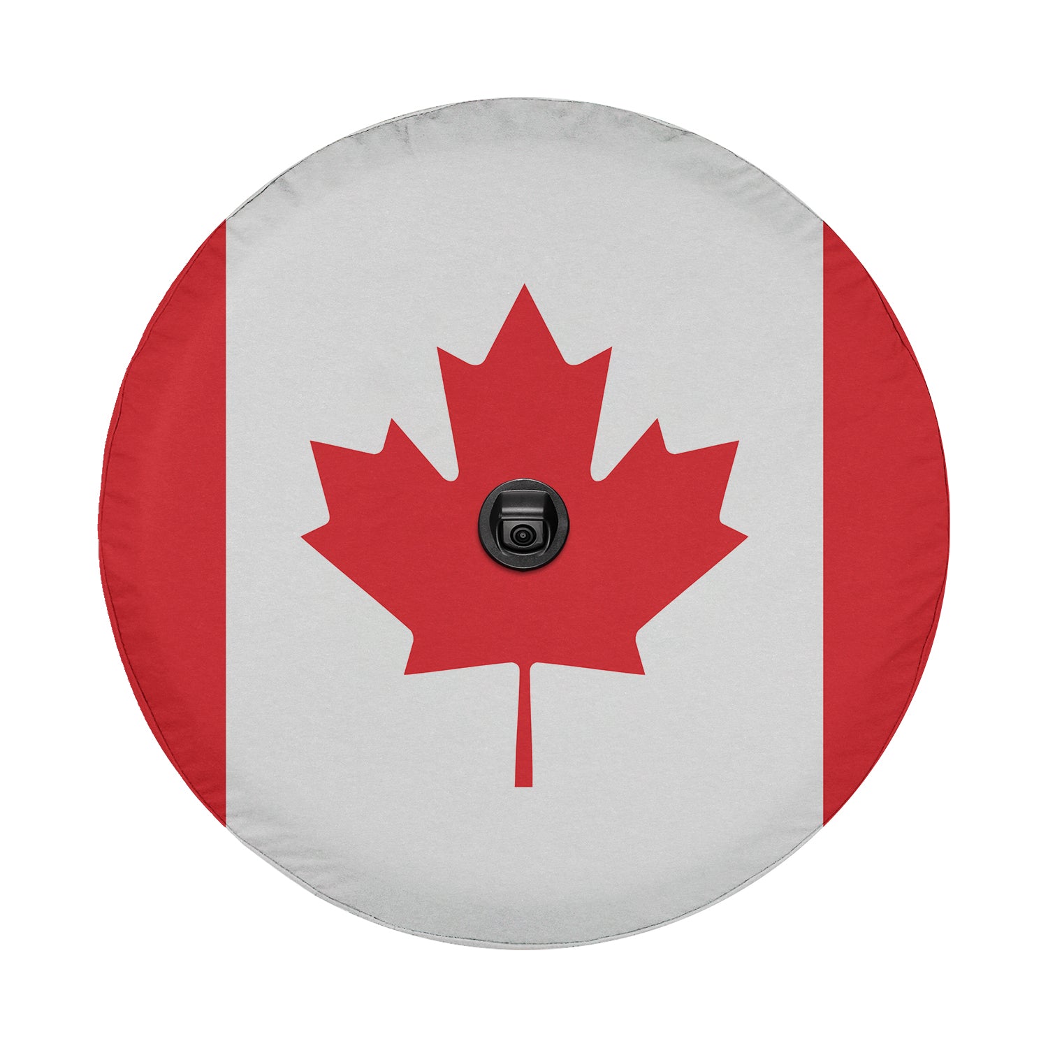 a canadian flag with a black button on it