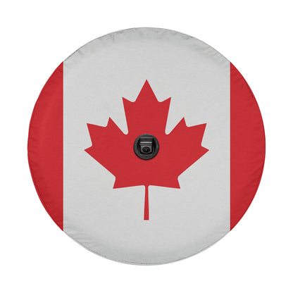 a canadian flag with a black button on it