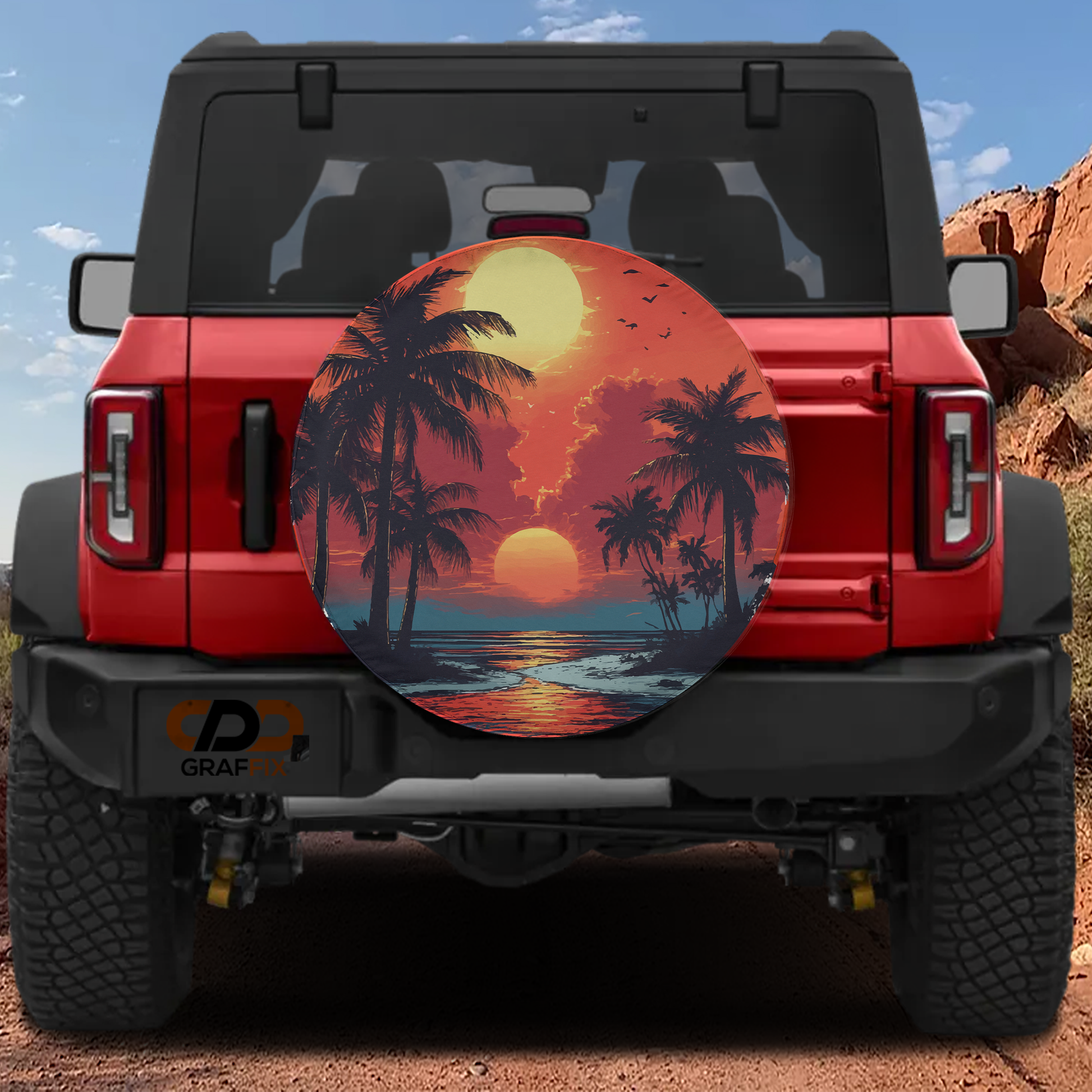 a red Jeep Wrangler with a large, circular sun decal on the rear window, depicting a tropical beach scene with palm trees and a sunset.