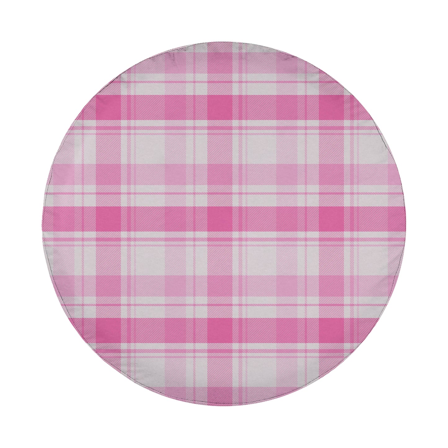 A round, white object with a pink and white plaid pattern.