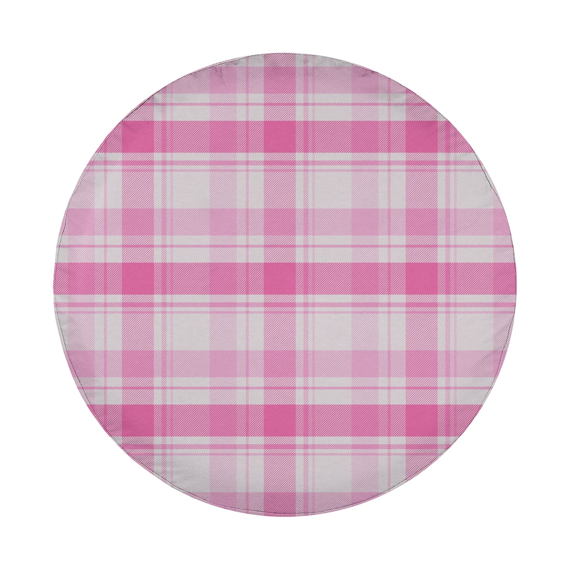 A round, white object with a pink and white plaid pattern.