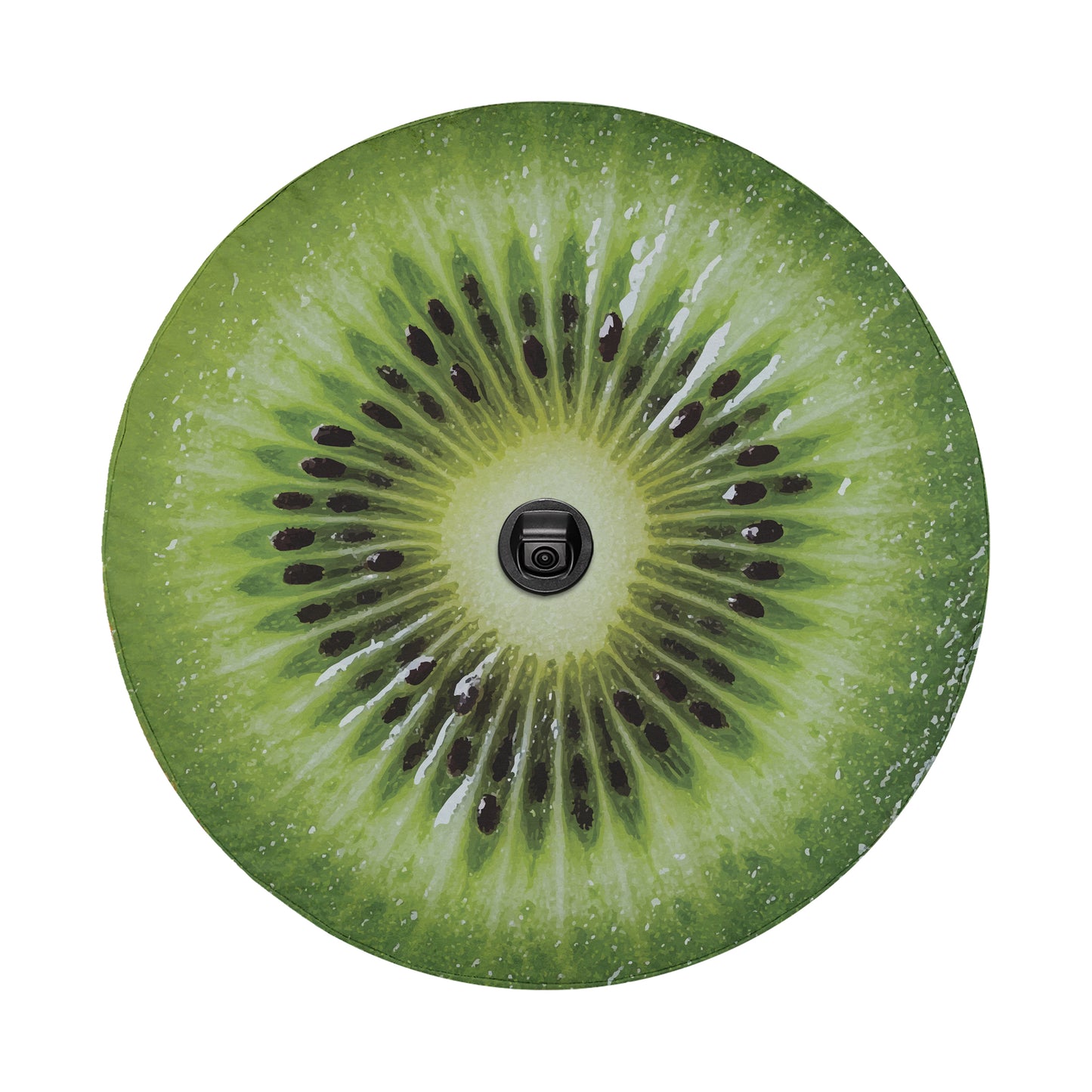 a close-up view of a kiwi fruit, with its distinctive green and brown coloration and black seeds visible.