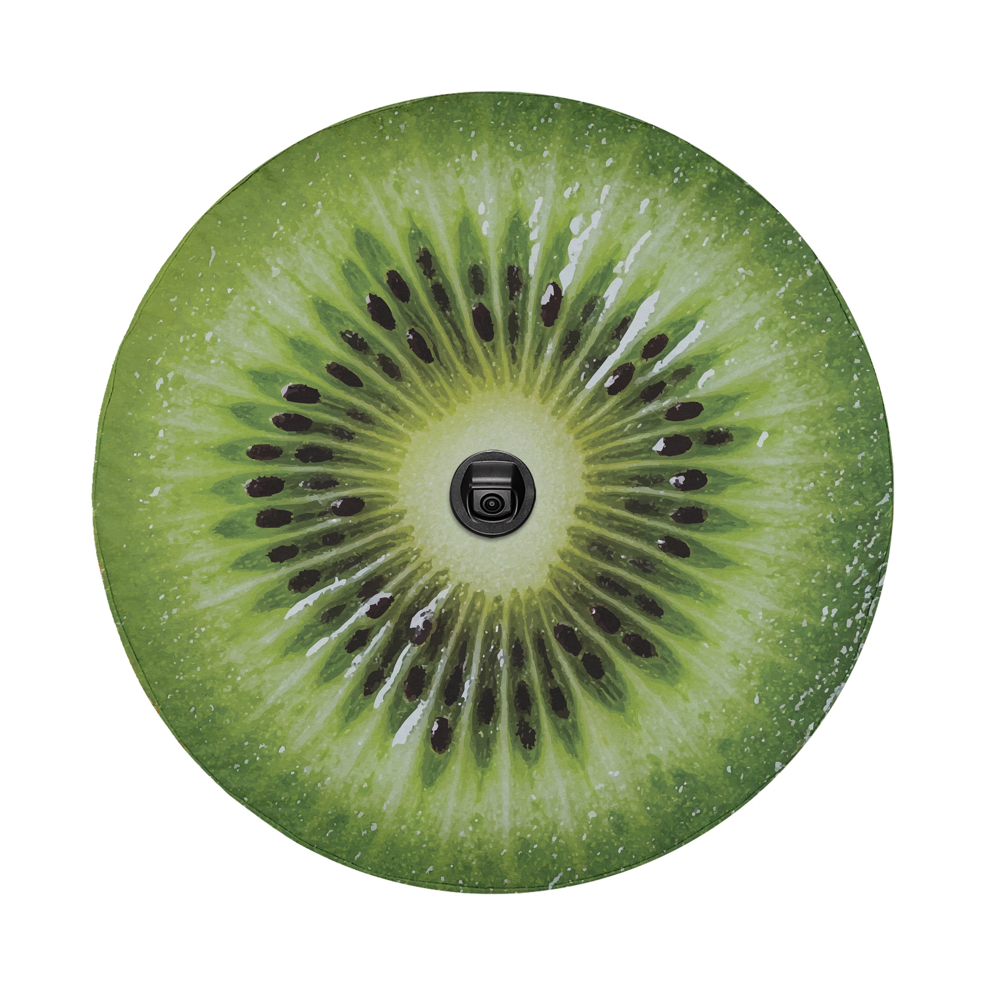 a close-up view of a kiwi fruit, with its distinctive green and brown coloration and black seeds visible.