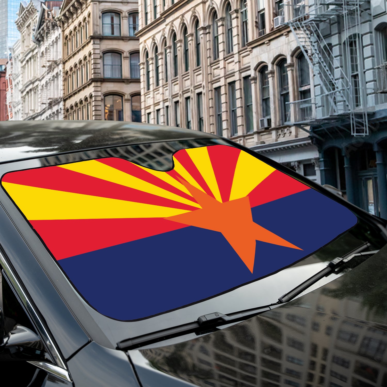 a car with a sticker of the state of arizona on it