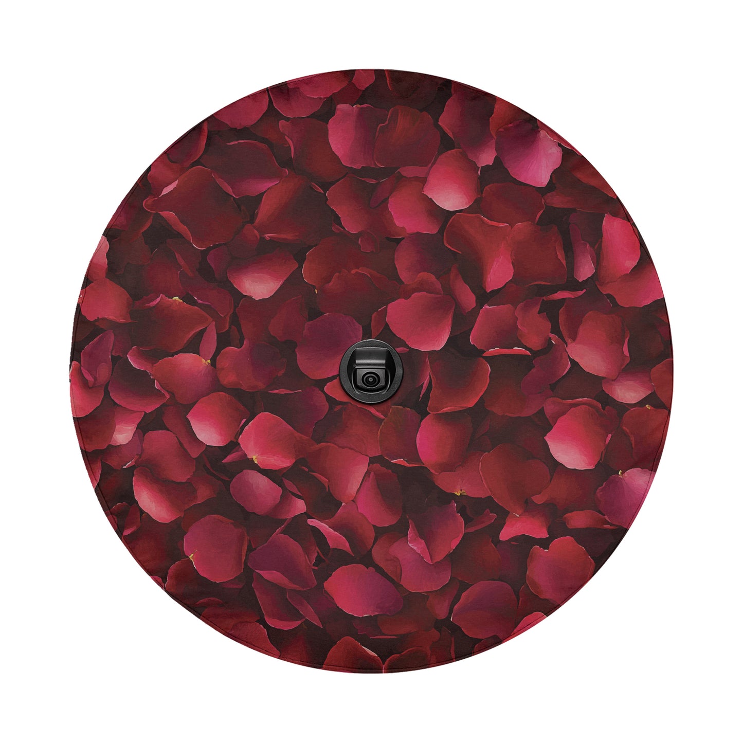 a close-up view of a collection of red rose petals arranged in a circular pattern.