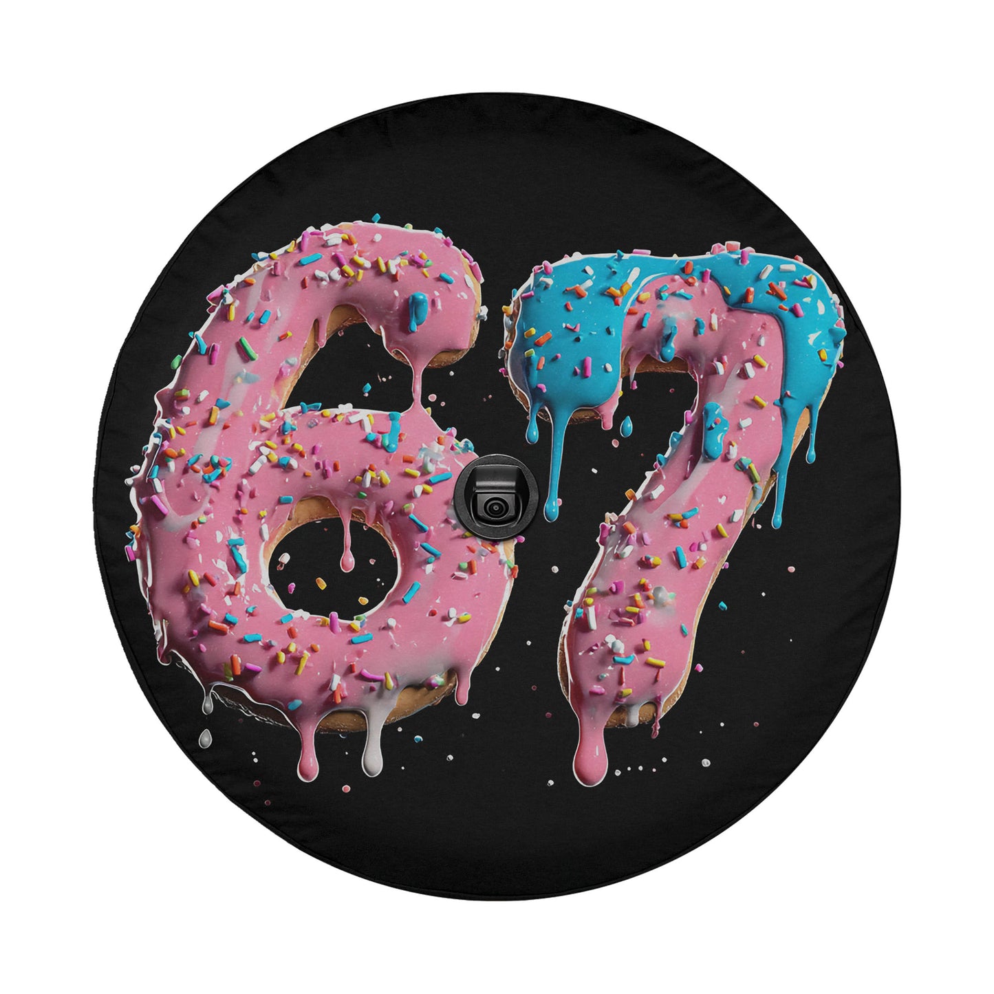 A black wheel cover with the numbers '67' and '67' made of colorful frosting and sprinkles, with the frosting dripping down the sides.
