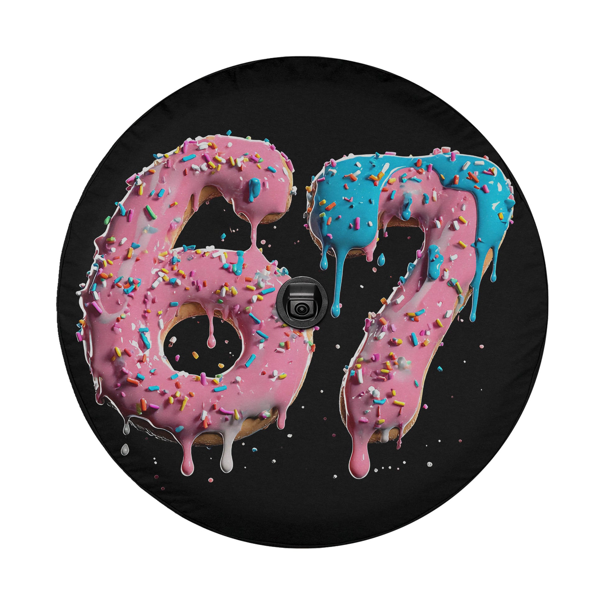 A black wheel cover with the numbers '67' and '67' made of colorful frosting and sprinkles, with the frosting dripping down the sides.