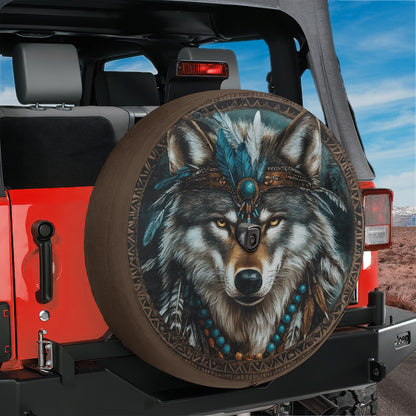 A large, detailed image of a wolf's face on a spare tire cover, with intricate patterns and designs.