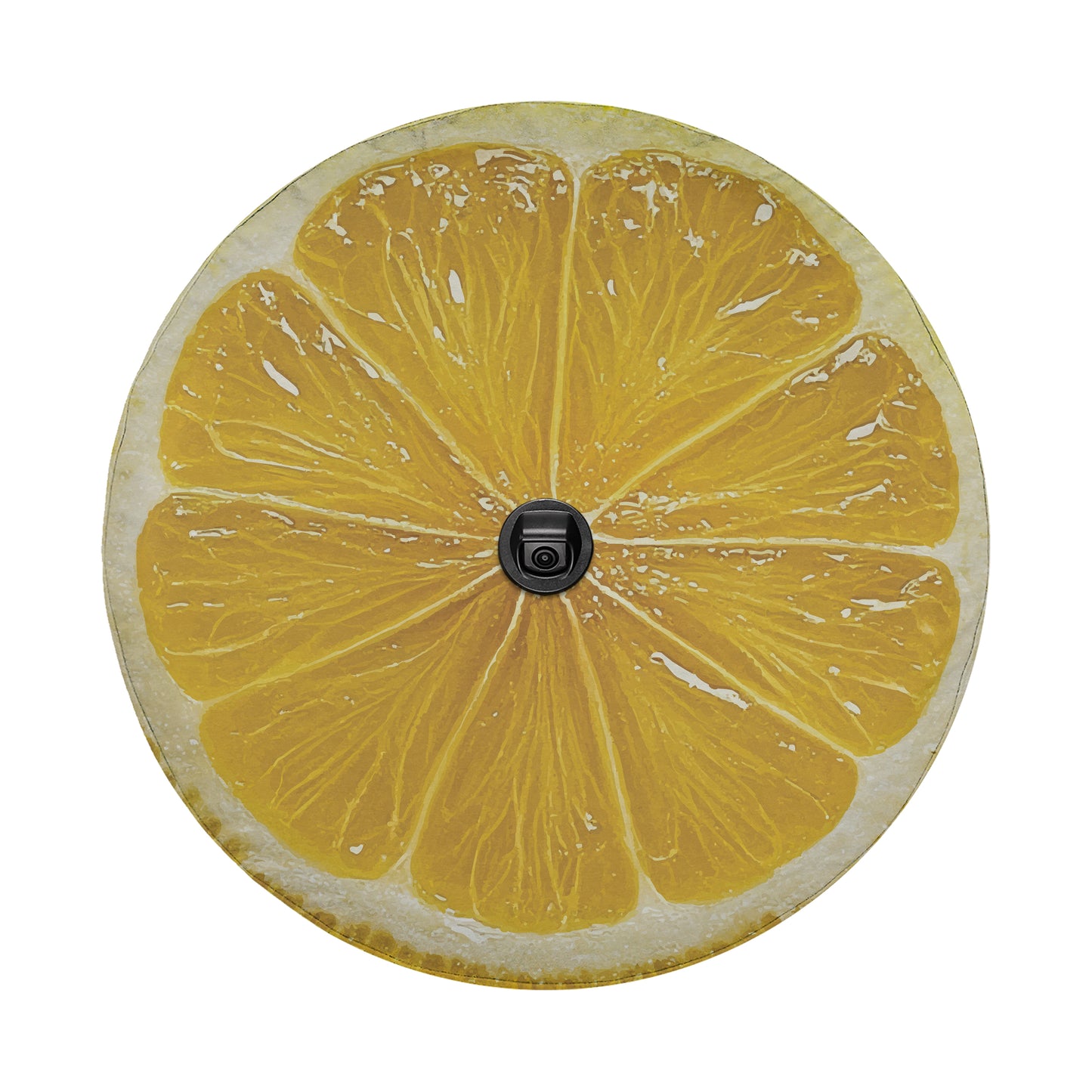 a close-up view of a lemon slice, with the lemon's distinctive yellow color and texture clearly visible.