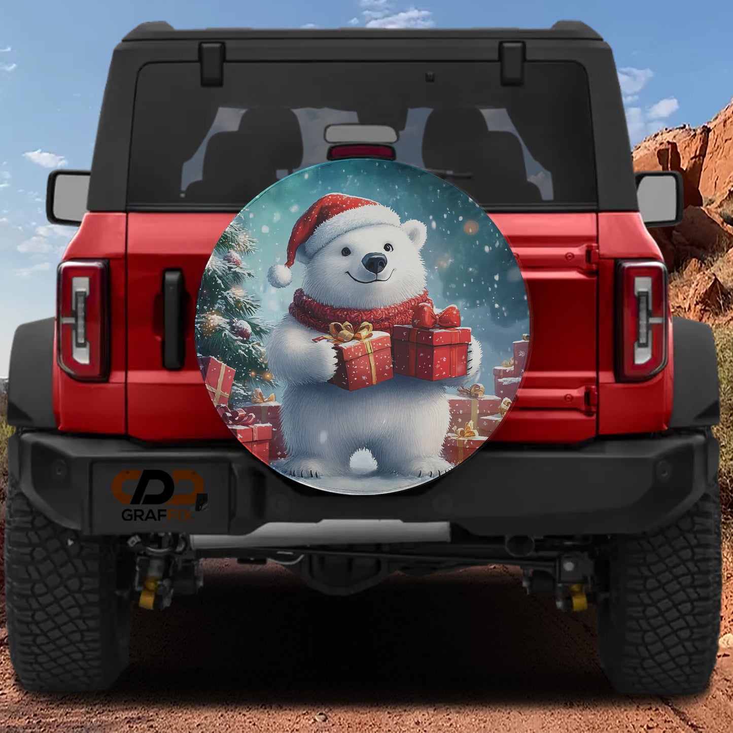 A red Jeep Wrangler with a large Christmas-themed spare tire on the back, featuring a polar bear holding presents.