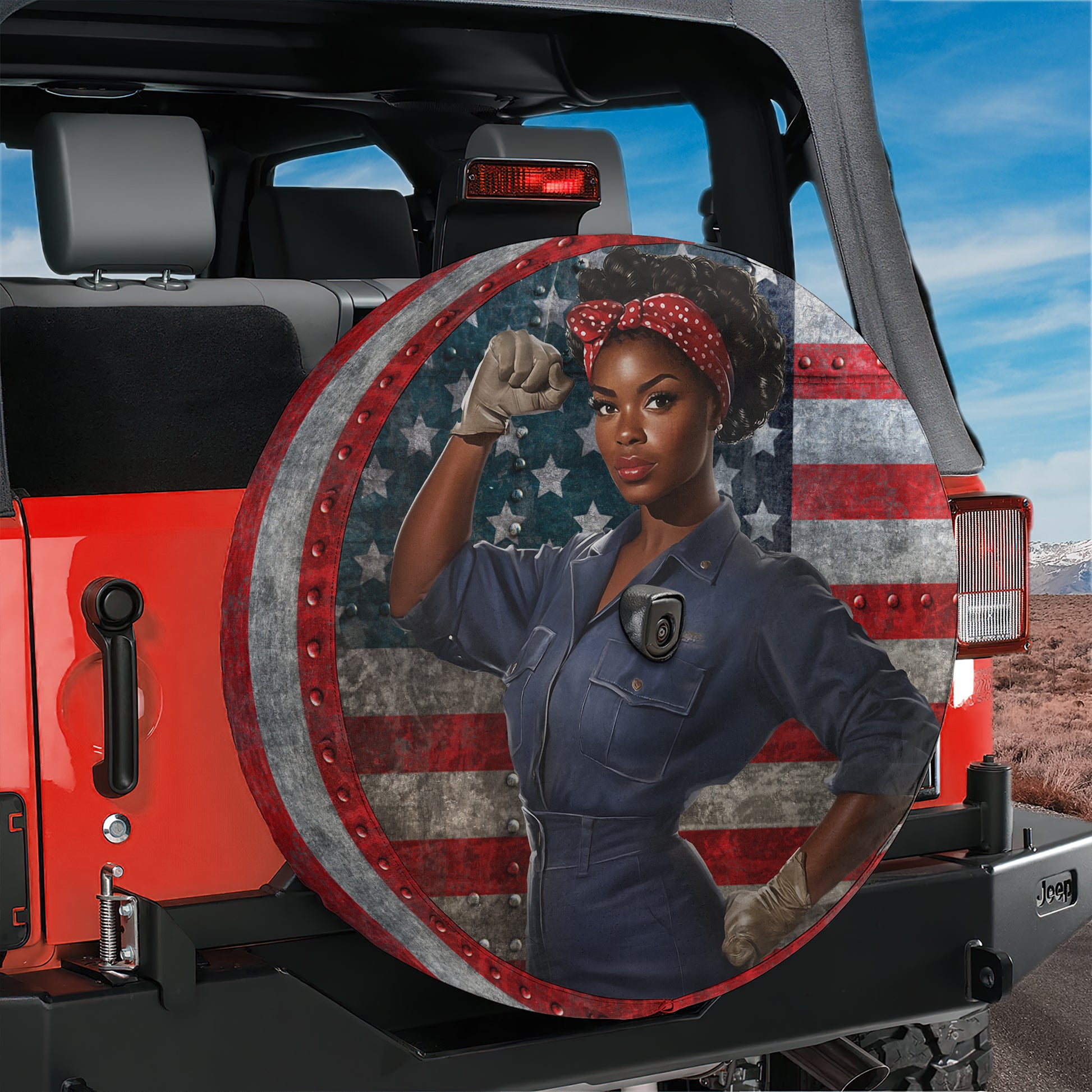 A woman wearing a blue jumpsuit and a red headband is depicted in the image, with an American flag in the background.