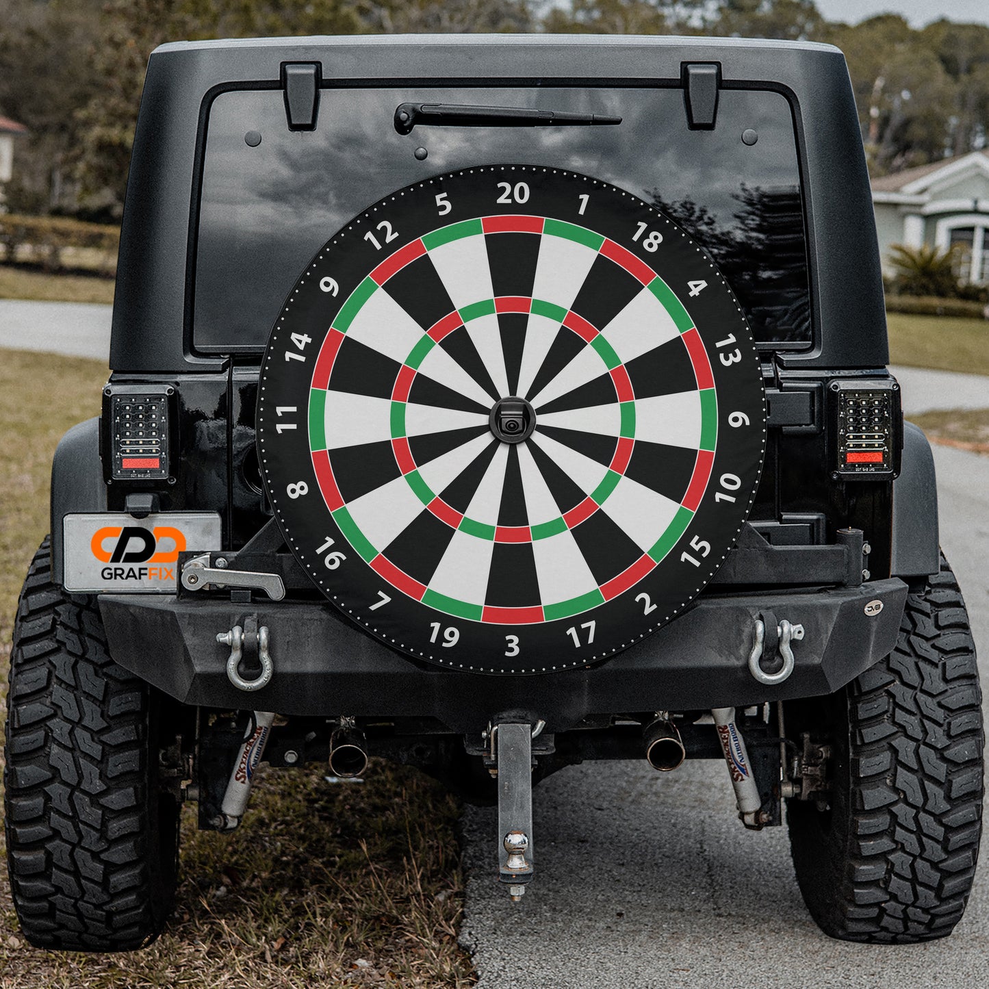 a black jeep with a dart on the front of it
