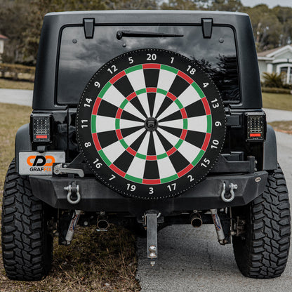 a black jeep with a dart on the front of it