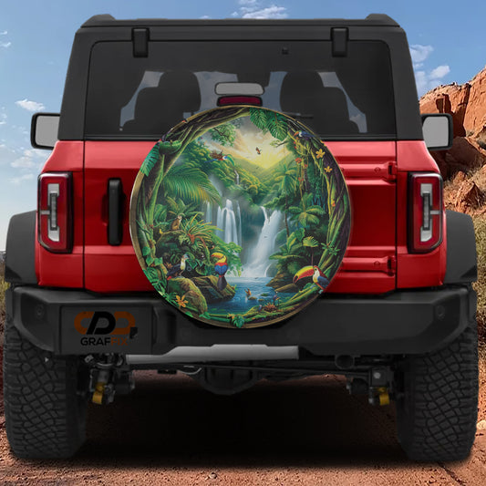 a red Jeep Wrangler with a large, colorful wheel cover depicting a lush jungle scene with a waterfall and various wildlife.