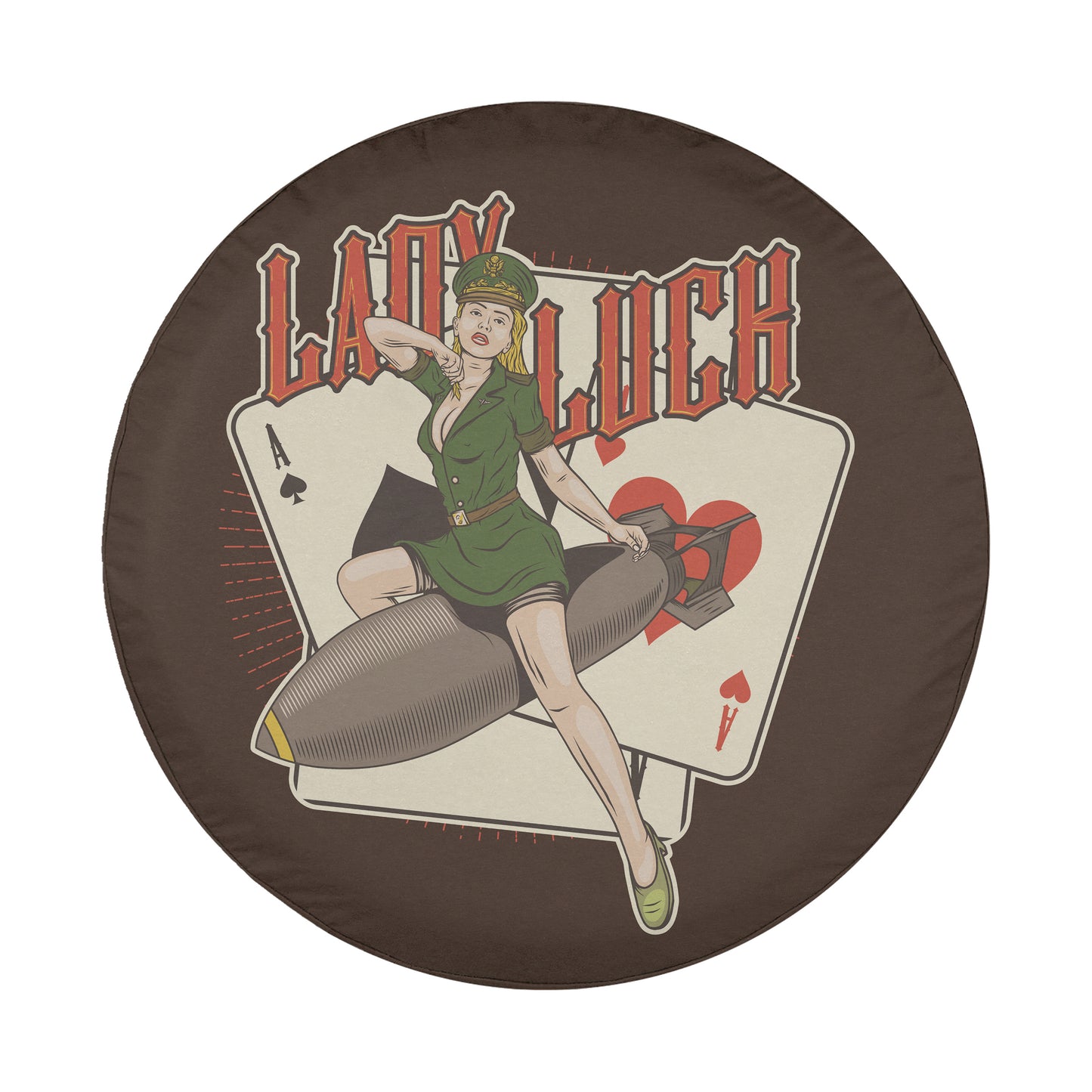 A vintage-style illustration of a woman in a green dress and hat, sitting on a bomb with a playing card and the word "LADY LUCK" written above her.