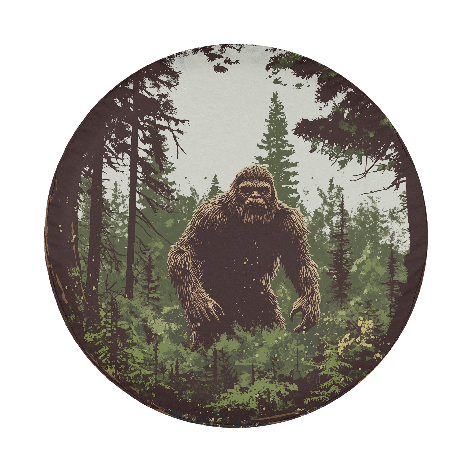 A large, furry creature resembling a Sasquatch or giant sloth is standing in a forest setting, surrounded by trees and foliage.