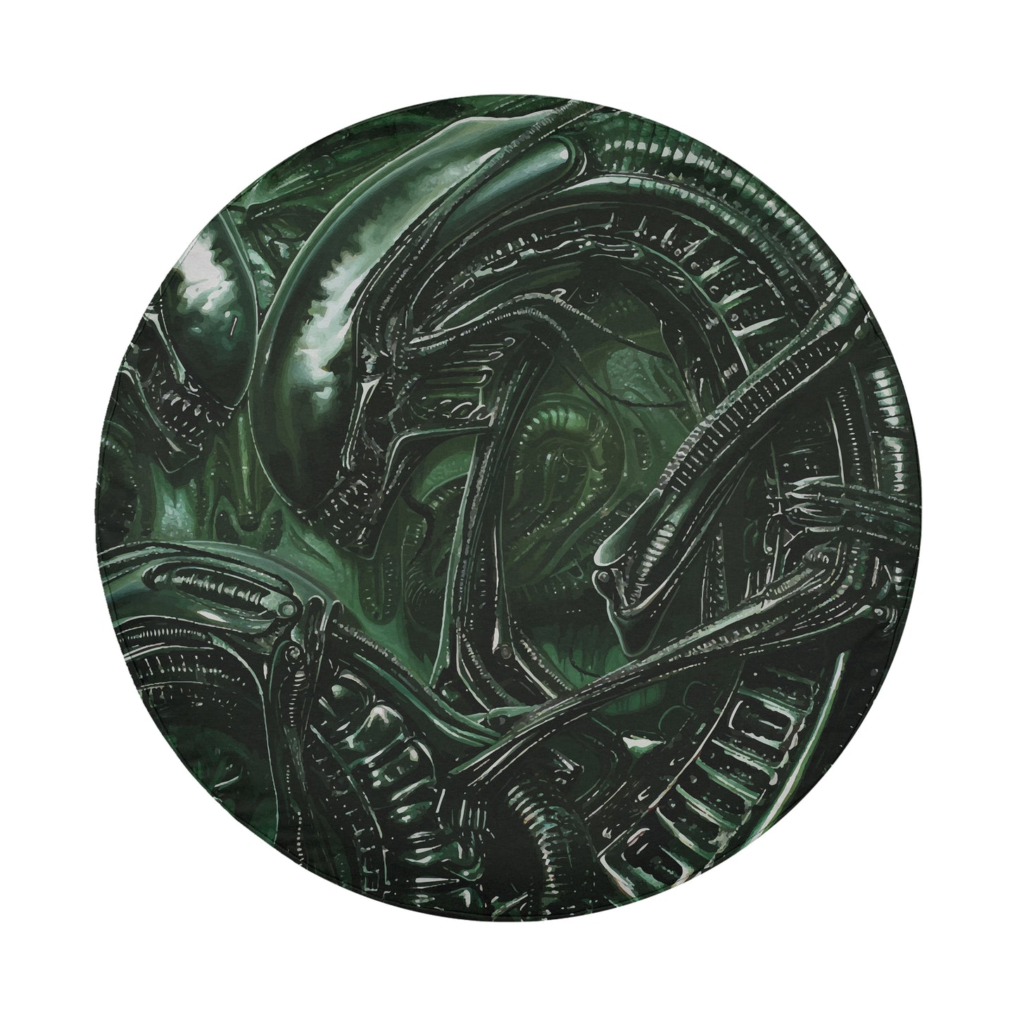 The image is a circular, abstract representation of a complex, organic-looking creature with intricate, organic-looking patterns and textures.