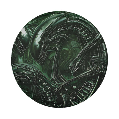 The image is a circular, abstract representation of a complex, organic-looking creature with intricate, organic-looking patterns and textures.